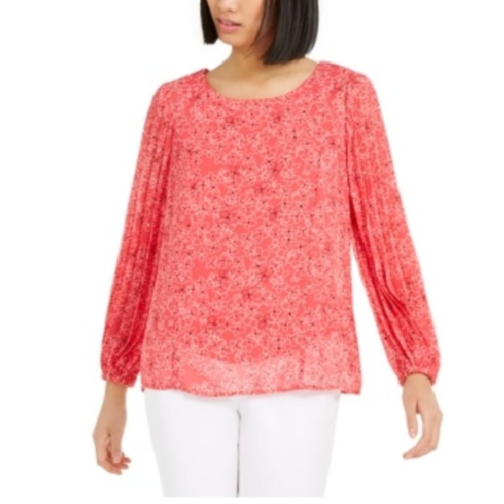 NWT Alfani Women's Petite Floral-Print Pleat-Sleeve Top Petite/Med $80 C0107